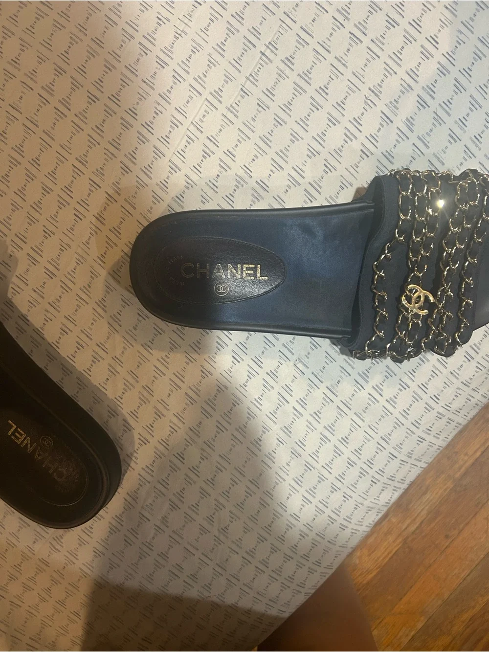 CHANEL Black Slides with Gold Chain Straps